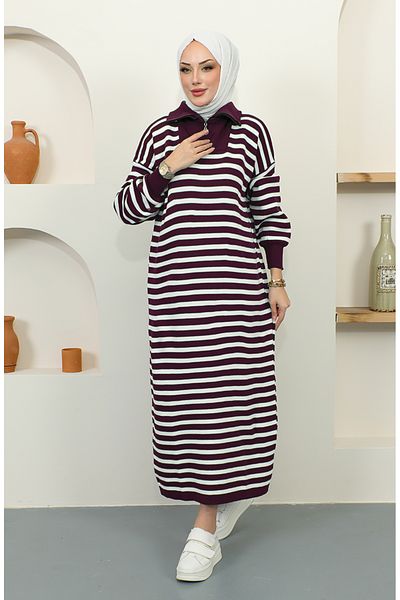 sefamerve Burgunderfarbenes, gestreiftes Strickkleid mit Reißverschluss – 11027-07