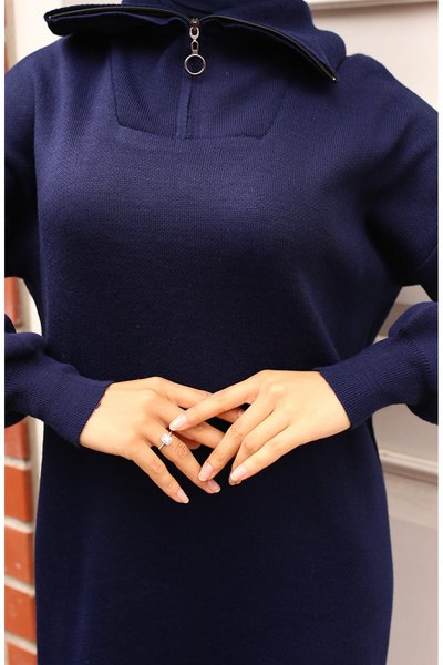 sefamerve Yakası Fermuarlı Triko Elbise 2441-06 Lacivert