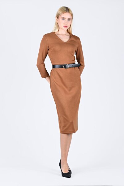 la luce Fındık V Yaka Kemerli Elbise - QE302