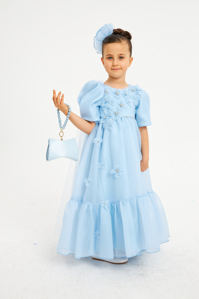 pink girls UZUN KOLLU Pelerinli Çiçek Kabartmalı Taçlı Abiye