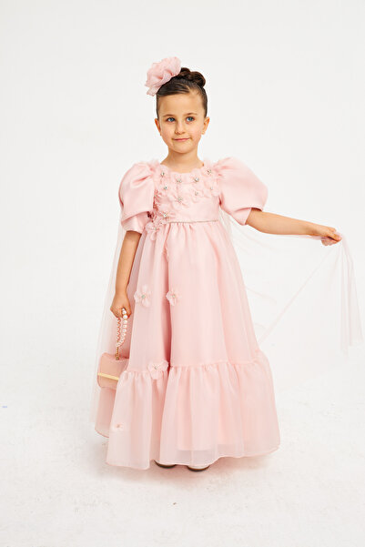 pink girls UZUN KOLLU Pelerinli Çiçek Kabartmalı Taçlı Abiye