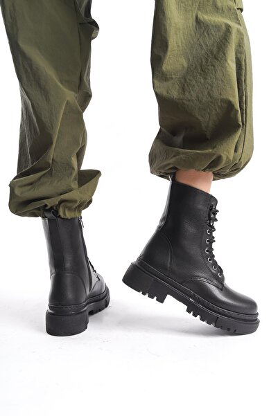 CZ London Kadın Kalın Tabanlı Günlük Postal Bot Bağcıklı Yuvarlak Burun Fermuarlı Bot