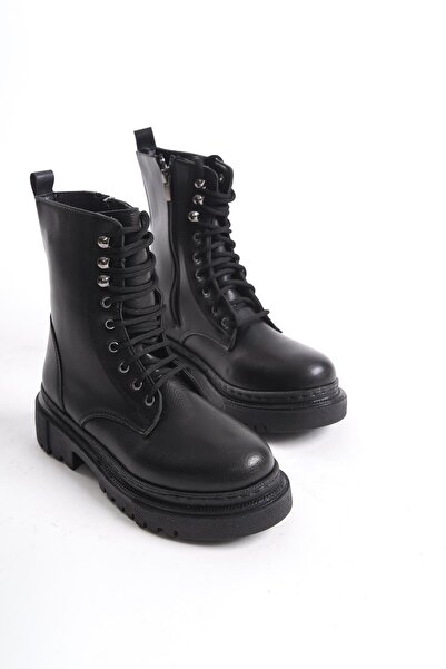 CZ London Kadın Kalın Tabanlı Günlük Postal Bot Bağcıklı Yuvarlak Burun Fermuarlı Bot