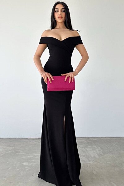 bayansepeti Μαύρο ελαστικό κρεπ ύφασμα μάξι φόρεμα με λαιμόκοψη 582904