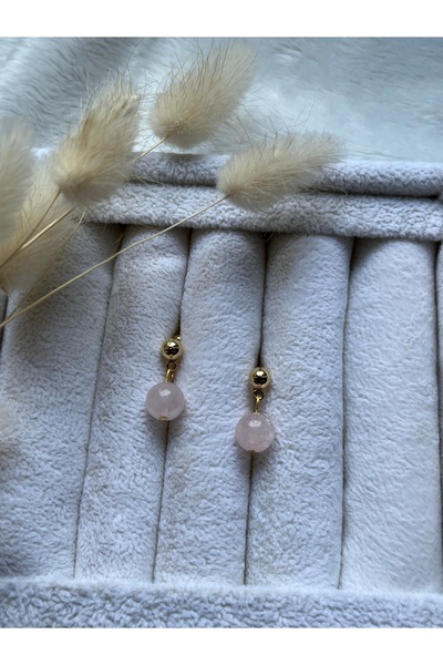 PelvedDesign 8 mm Pembe Kuvars Altın Kaplama Top Küpe el yapımı