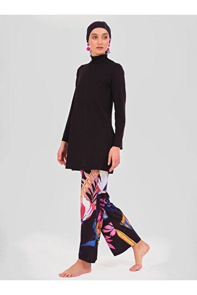 ALFASA Μαγιό με μοτίβο χρυσάνθεμο Battal Hijab - Μαύρο - Alfasa