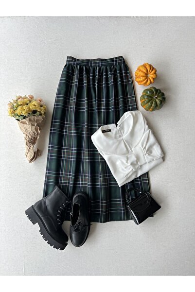 KÜÇÜĞÜM BUTİK Fusta lungă în carouri verde în talie