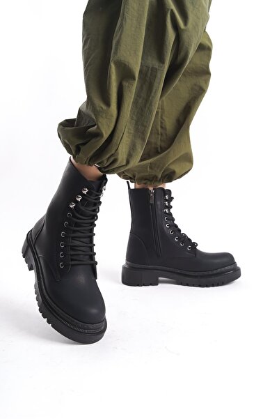 CZ London Kadın Kalın Tabanlı Günlük Postal Bot Bağcıklı Yuvarlak Burun Fermuarlı Bot