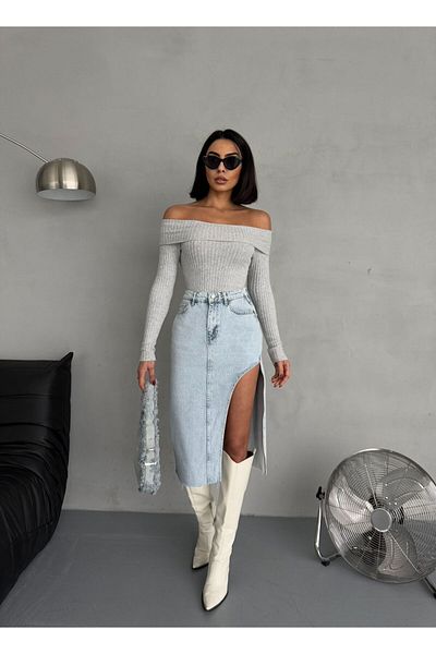 Zeo Basic FUSTA MIDI ICE BLUE CU FĂȚĂ LATERALĂ