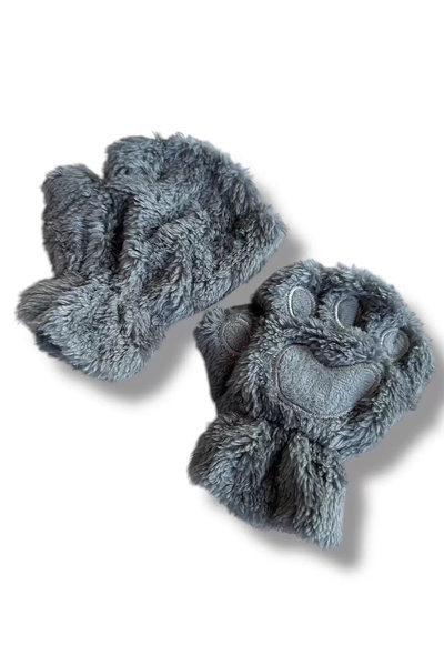 CAŞ DEKORASYON Gray Color Paw Figured Plush Children's Gloves