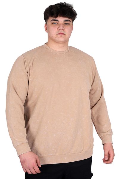 ModeXL Ανδρικό φούτερ με λαιμόκοψη - Mode XL, Plus Size, Beige, Acid Wash Interlock U24175
