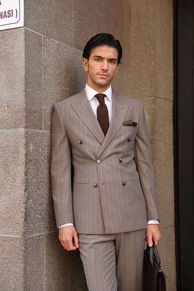 AEK FIORE Men's Cream Striped Double Breasted Suit