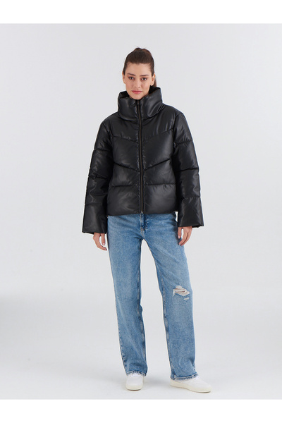 GAP Kadın Siyah Suni Vegan Deri Puffer Şişme Mont