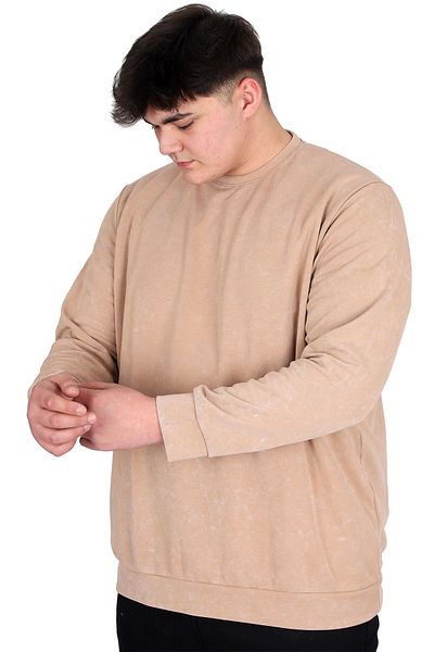 ModeXL Ανδρικό φούτερ με λαιμόκοψη - Mode XL, Plus Size, Beige, Acid Wash Interlock U24175