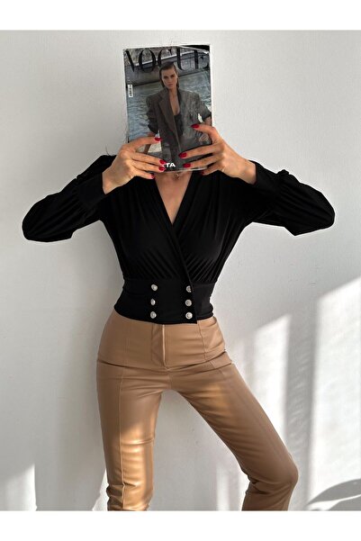 Elaxi بلوزة فانيزيا بأكمام طويلة وياقة مزدوجة الصدر وأزرار على الخصر باللون ا...