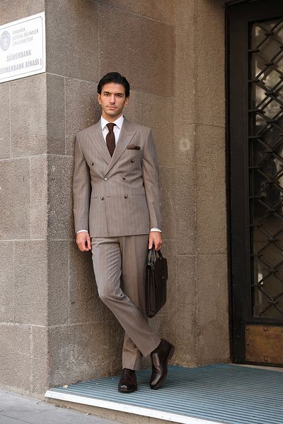 AEK FIORE Men's Cream Striped Double Breasted Suit
