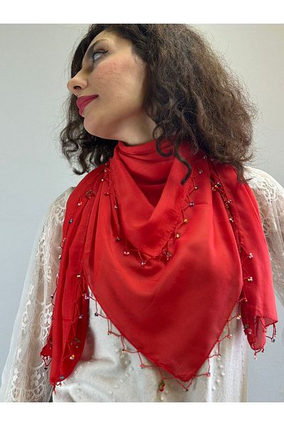 Gönülden Tasarım Beads Embroidered Hand Scarf Shal Scarf 100X100 cm