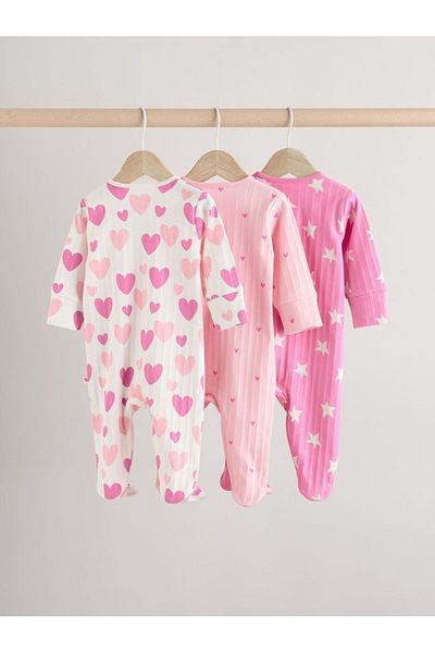 Next Baby N 100% Cotton Pink Heart Patterned Jumpsuit Set of 3