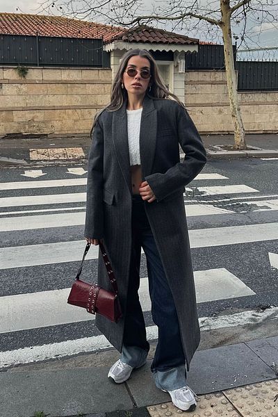 XHAN Double Breasted Cut Anthracite Striped Cashmere Coat - 5Kxk4-49070-36