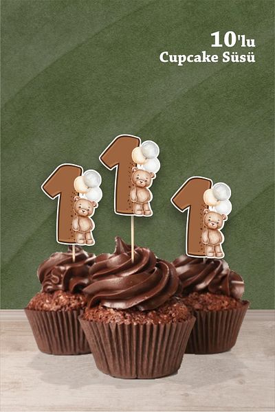 neşeli günlerim 1 Year Old Teddy Bear Themed Cupcake Ornament -'10Pcs