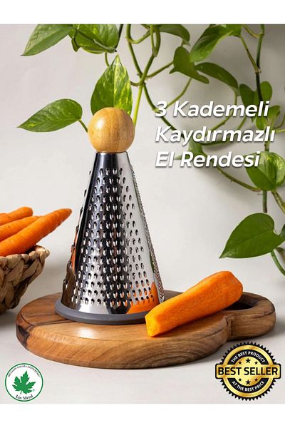 linmetal Luxury Tapered Grater - 20cm Bamboo Knob, Stainless Steel, Functional, Silicone Base, 3 Blades