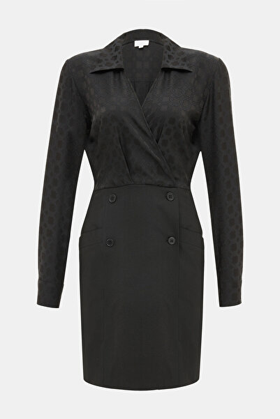 W Collection SİYAH MİNİ JAKARLI KRUVAZE YAKA ELBİSE