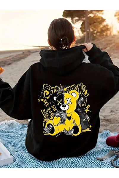 LAND MODA Hanorac unisex negru cu glugă cu imprimeu ursuleț