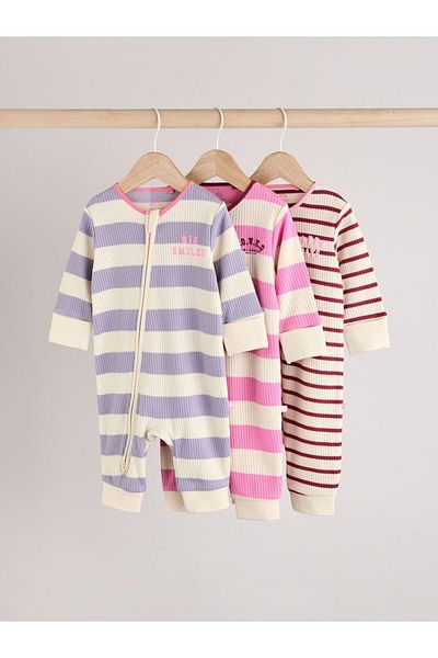 Next Baby 100% Cotton Pink Purple Striped Patterned 3-Piece Jumpsuit Set