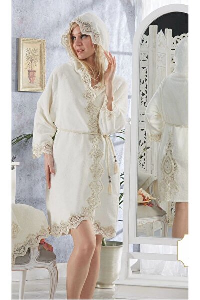 HUZUR ÇEYİZ Fransız Dantelli Çeyizlik Gelin Hamamı Balayı Kadın Bornozu Seti
