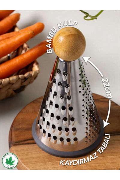 linmetal Luxury Tapered Grater - 20cm Bamboo Knob, Stainless Steel, Functional, Silicone Base, 3 Blades