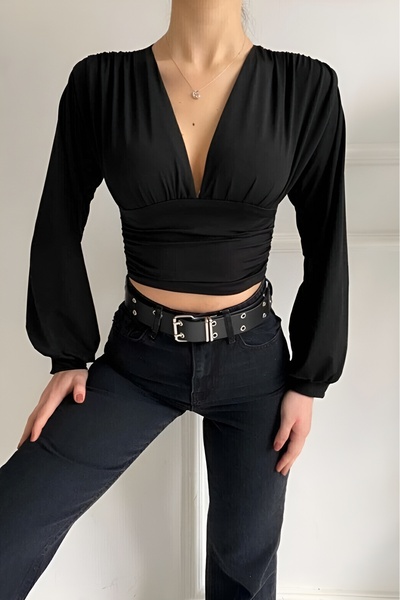 Qvien Secret Μαύρη μπλούζα με λαιμόκοψη V και μακριά μανίκια με κορδόνια