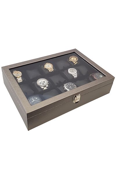 Chavin Diamond 15-Piece Gray Leather Watch Box - Wooden Glass, St15-59