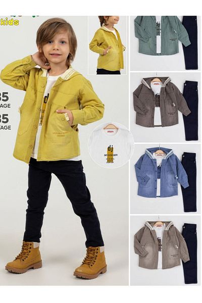 Burçak Butik Yellow 3-Piece Combo for Boy - Hooded Jacket, Pants and T-Shirt