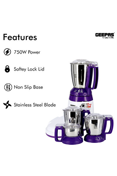 Geepas 3-in-1 Mixer Grinder - Stainless Steel Jars & Blades - 750W powerful motor - 3 Speed