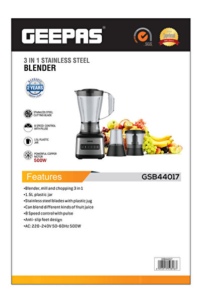 Geepas Blender 3In1S/S/8Spd/1.5PlasJar/500W/1X4