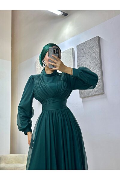 MERVEPLUME Kruvaze Tül Şifon Zümrüt Kadın Tesettür Abiye Elbise