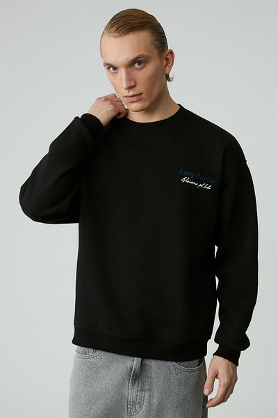 GRIMELANGE Lazyness Men's Round Neck 3 Thread Black Sweatshirt
