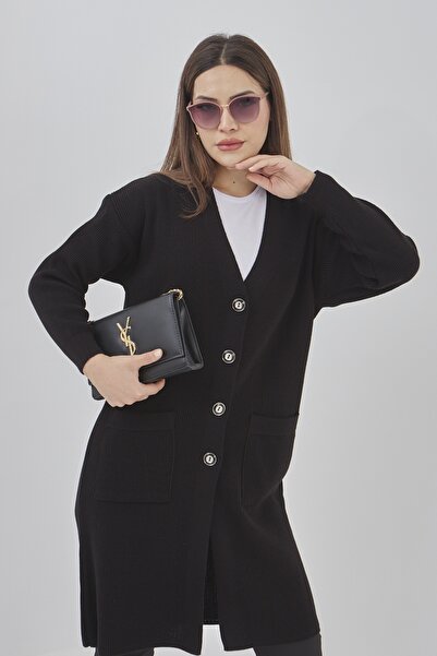 Elçelya Moda Kadın Mevsimlik Uzun Cepli Düğmeli Esnek Hırka