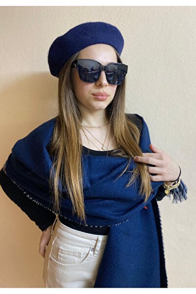 sema aksesuar Double-Sided Navy Blue Shawl and Wool Painter Set - Valentine's Day Gift