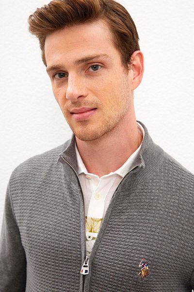 U.S. Polo Assn. Men's Gray Knitwear Cardigan - Melange, Stand Collar, Basic Model