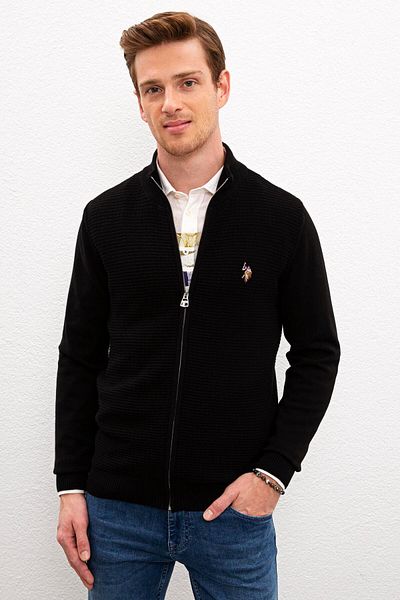 U.S. Polo Assn. Μαύρο Πλεκτό Ανδρική Ζακέτα - Σταντ Κολάρα Basic