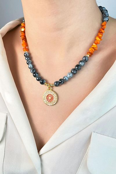 Sose Moda Orange Zodiac Medallion End Broken Stone Bead Necklace