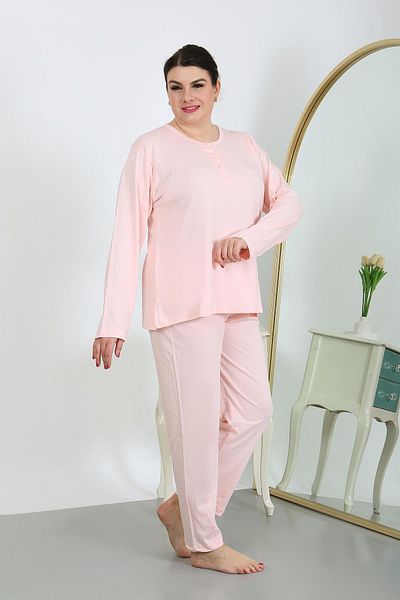 Akbeniz Pink Combed Cotton Pajama Set - Long Sleeve, Plus Size 202501