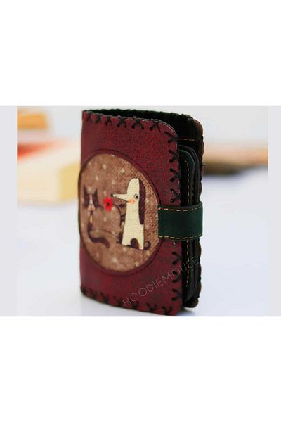 HOODİEMOUSE Small Wallet with Fox Figure Ethnic Bohemian Retro Style - Claret Red