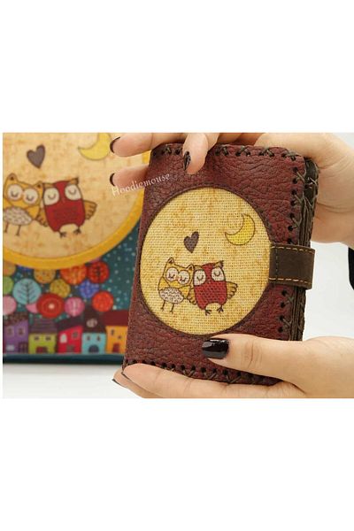 HOODİEMOUSE Owl Figured Small Wallet Ethnic Bohemian Retro Style - Claret Red