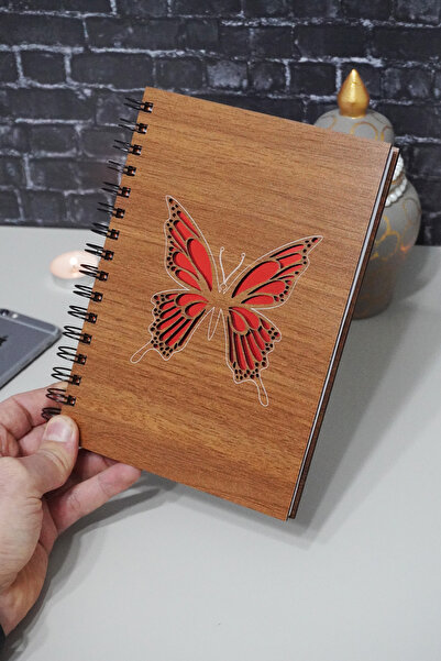 markcat Butterfly Themed Notebook with Wooden Cover - Checked Agenda and School Notebook (A5 - 120 Pages)