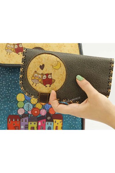 HOODİEMOUSE Large Wallet with Owl Figure Ethnic Bohemian Retro Vintage Style - Green