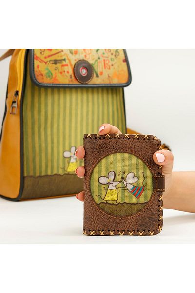 HOODİEMOUSE Small Wallet with Dancing Mouse Figure Ethnic Bohemian Retro Style - Brown