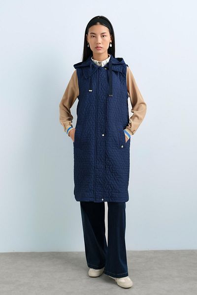 Nihan Thin Quilted Mobile Hooded Vest Navy Blue