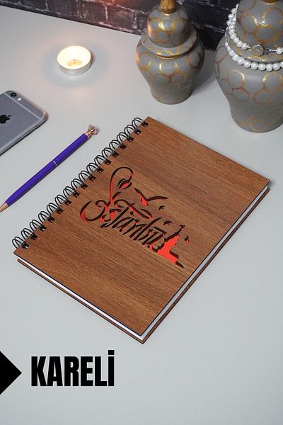 markcat Istanbul Themed Agenda and School Notebook - Checked Notebook with Wooden Cover (A5 - 120 Pages)